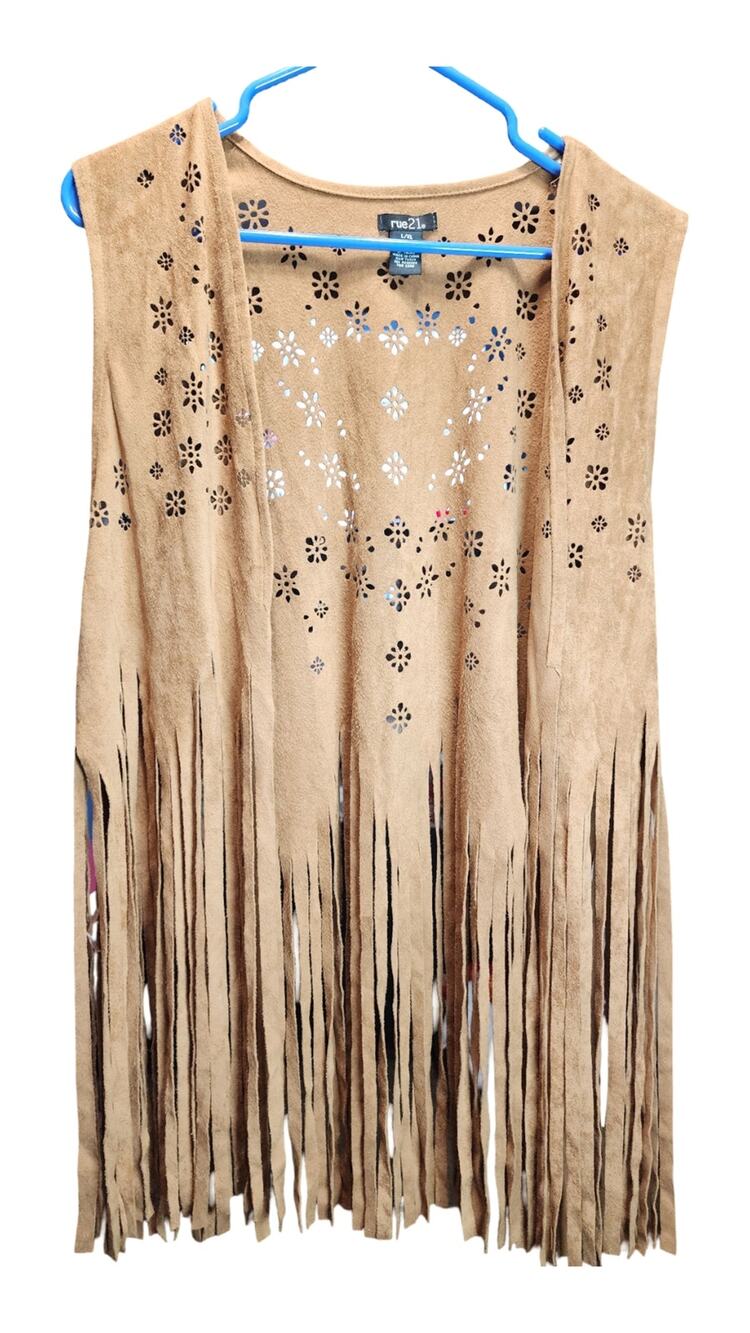 rue21 Boho Faux Suede Laser Cut Floral Fringe Vest Tan Size L/XL